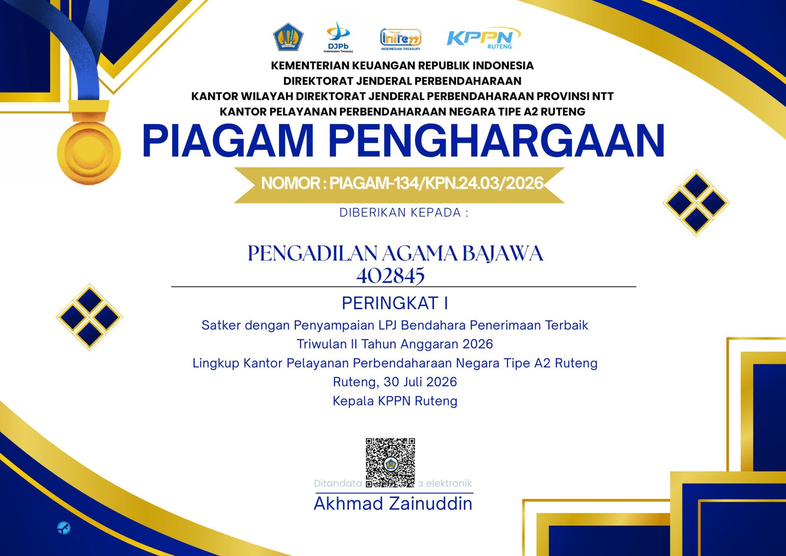 Piagam LPJ bendahara penerimaan terbaik